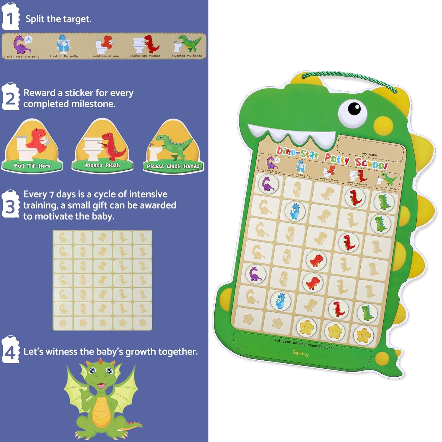 Tabla de entrenamiento para ir al baño para niños pequeños y niñas, una tabla de orinal de dinosaurios con 35 calcomanías magnéticas reutilizables