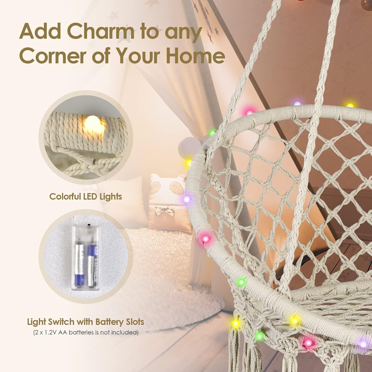 Tangkula Silla hamaca con luces, columpio de macramé con borlas, cuerda de algodón tejida a mano, estilo bohemio para interiores y exteriores, silla
