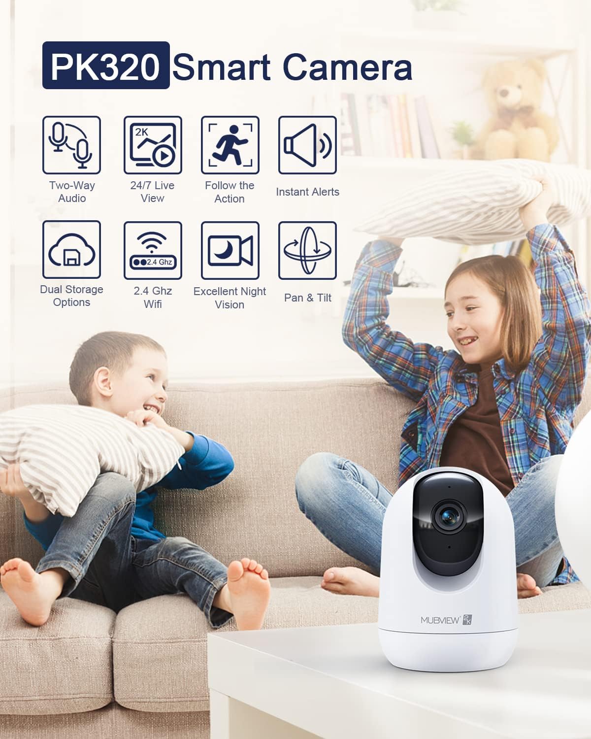 MUBVIEW Cámara para mascotas con aplicación de teléfono, cámara de seguridad interior, cámaras WiFi 2.4G para seguridad del hogar, cámaras con cable