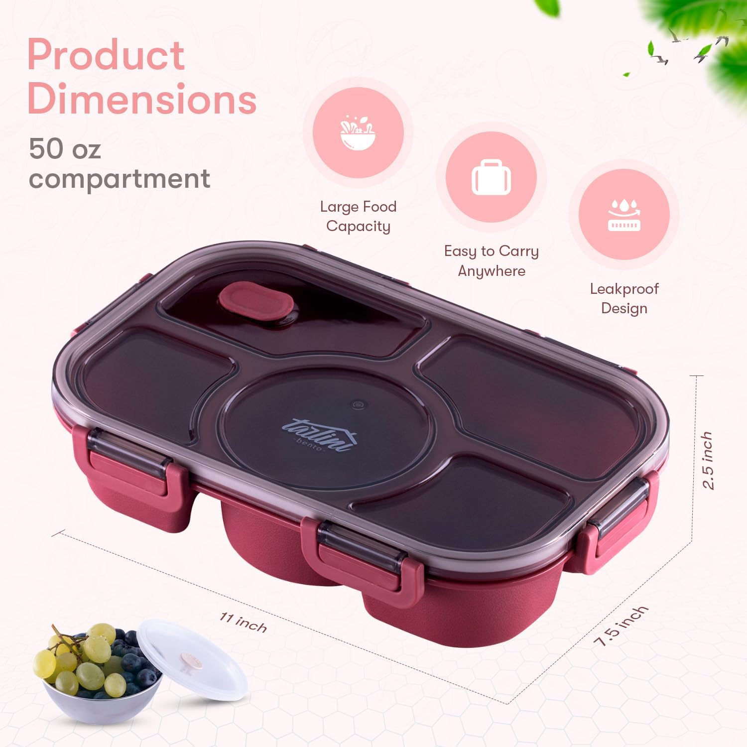 Tarlini Bento Box – Lonchera simple y fácil a prueba de fugas, sin BPA, caja de aperitivos bento de 5 compartimentos, lonchera Bento para adultos,