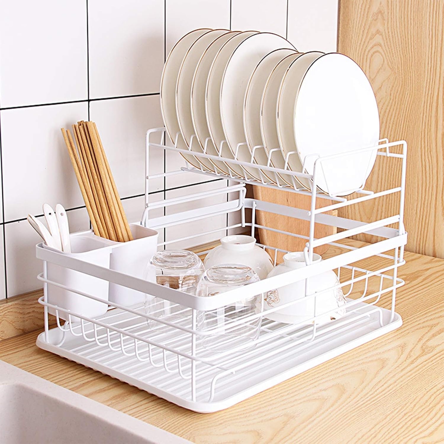 Estante de secado de platos, 2 estantes de secado de platos con soporte para utensilios a prueba de polvo, escurridor de platos y escurridor para