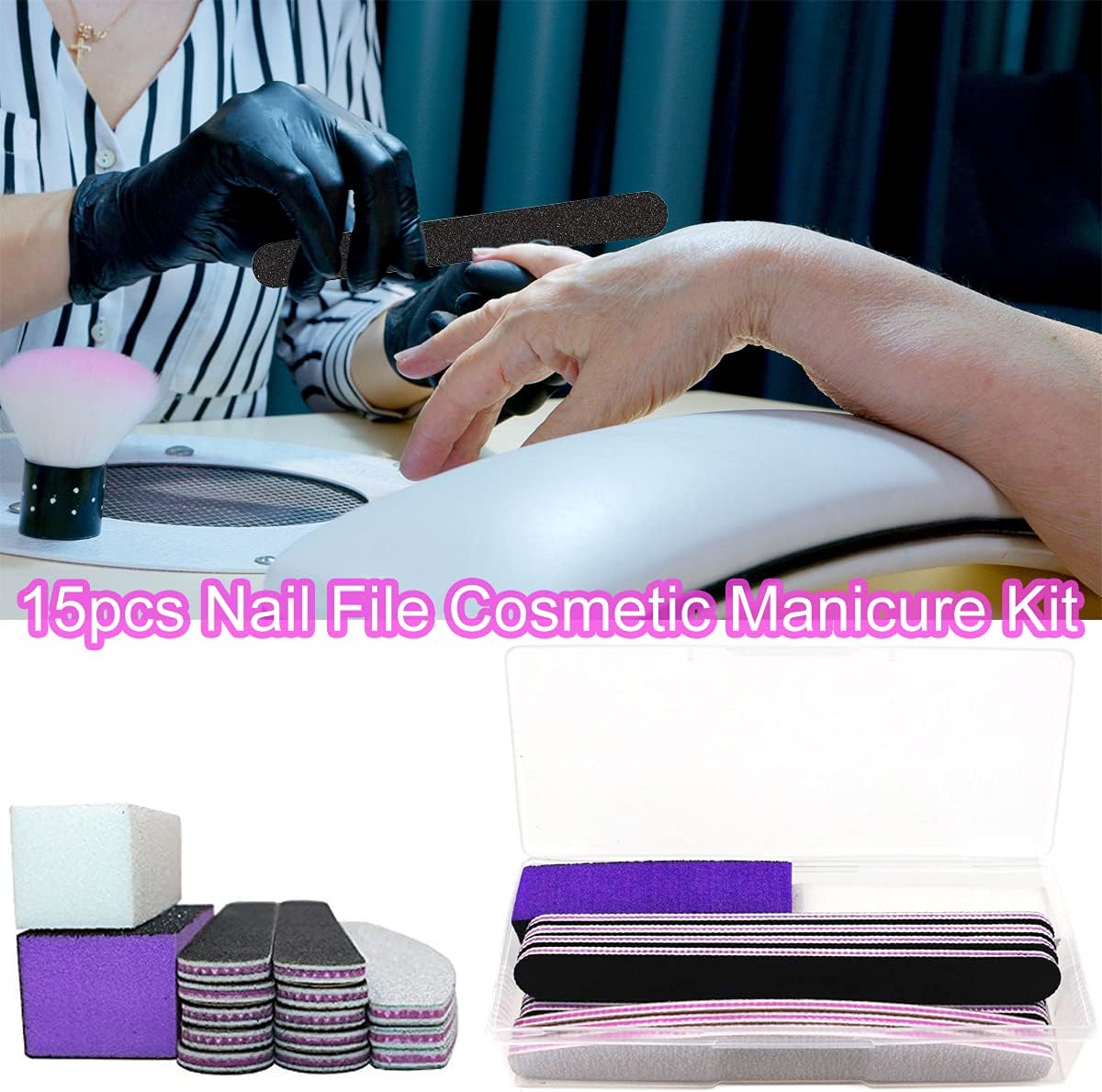 15 limas de uñas mixtas y pulidor con caja, kit de herramientas de manicura profesional para el cuidado de las uñas, bloque amortiguador