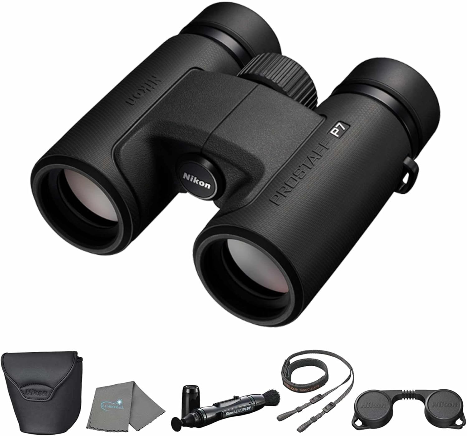 Nikon Prostaff P7 – Prismáticos para adultos (16771), color negro, paquete de 10 x 30 pulgadas con bolígrafo para lentes, paño de limpieza