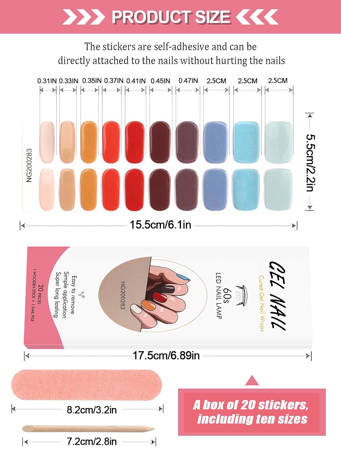 Kalolary 20 tiras de esmalte de uñas de gel, adhesivo de envoltura completa, calcomanías de gel impermeables con lima de uñas y palo (requiere