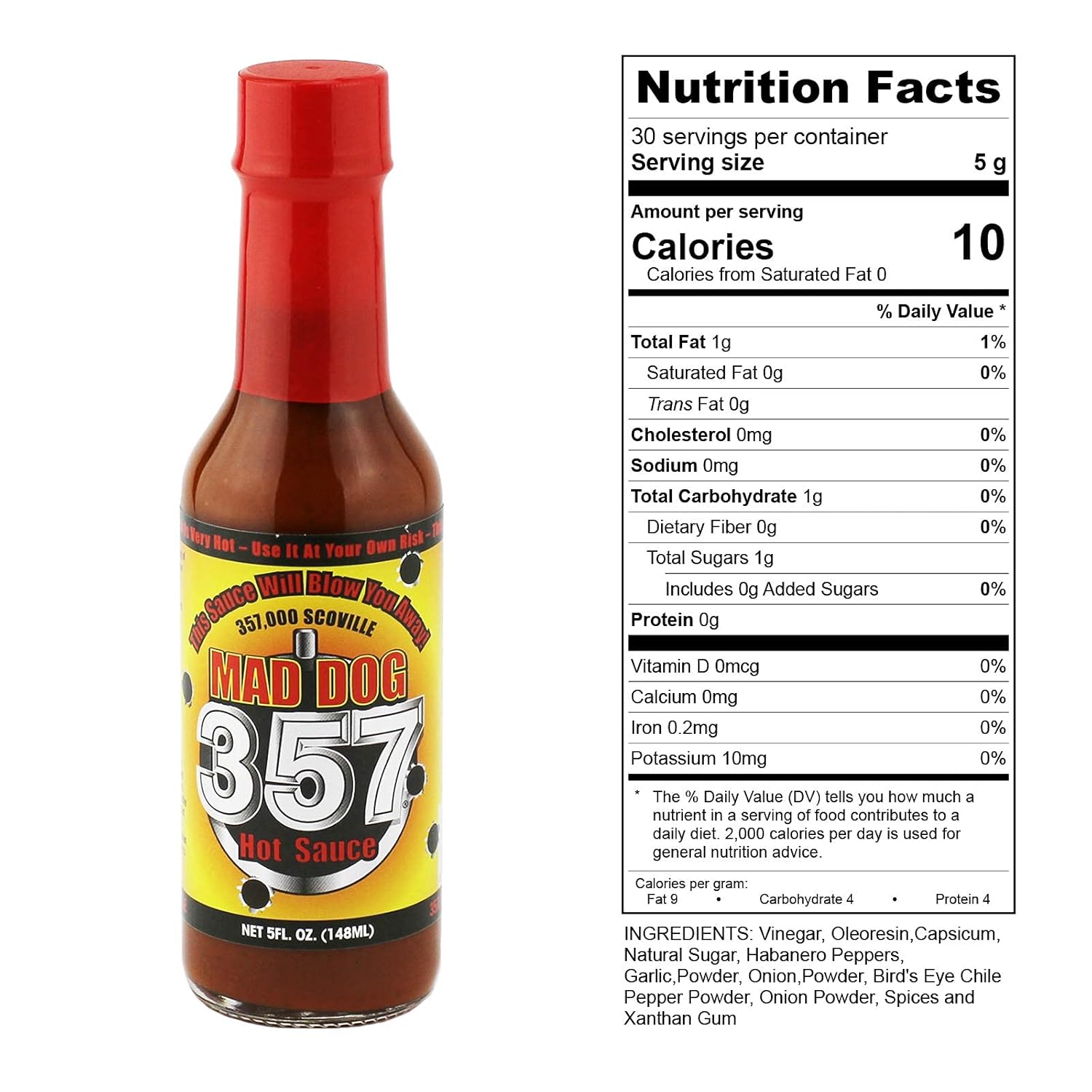 Mad Dog 357 Salsa picante, hecha con 3 millones de extracto de pimienta Scoville, 357,000 Scoville, 5 onzas.