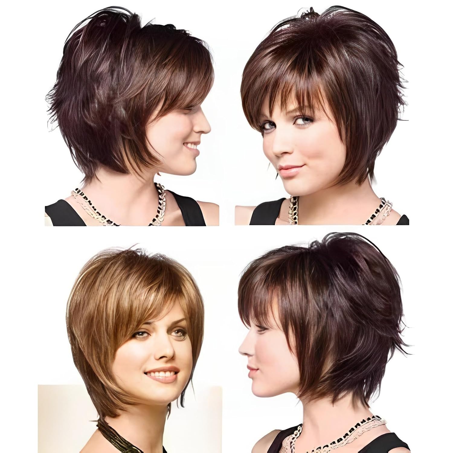HAIRCUBE Peluca corta marrón mixta con fleco, pelucas de corte Pixie en capas para mujer, fibra sintética de memoria saludable, pelucas sin