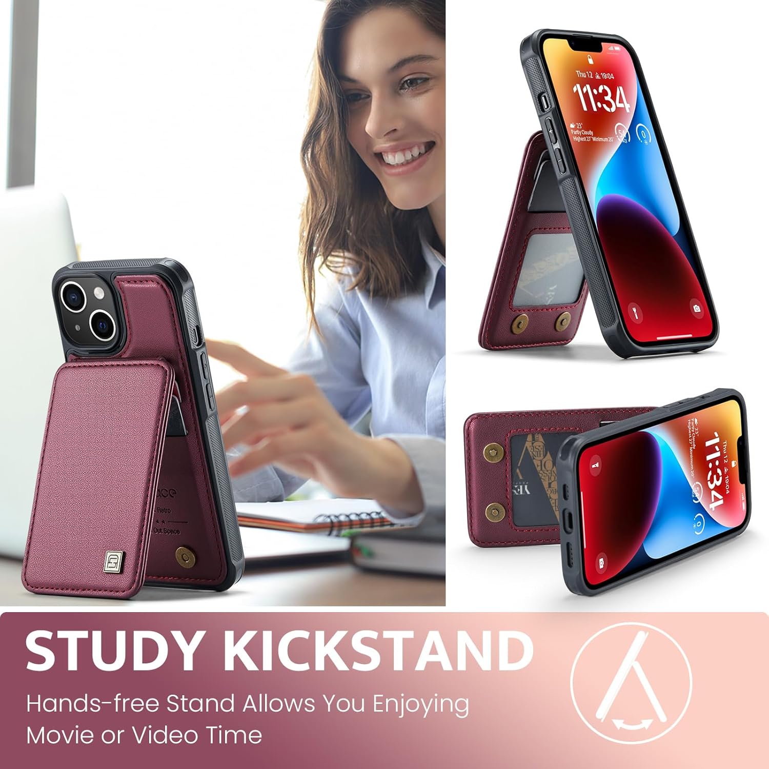 ASAPDOS Funda para iPhone 15 Series con tarjetero, Rosa Rojo