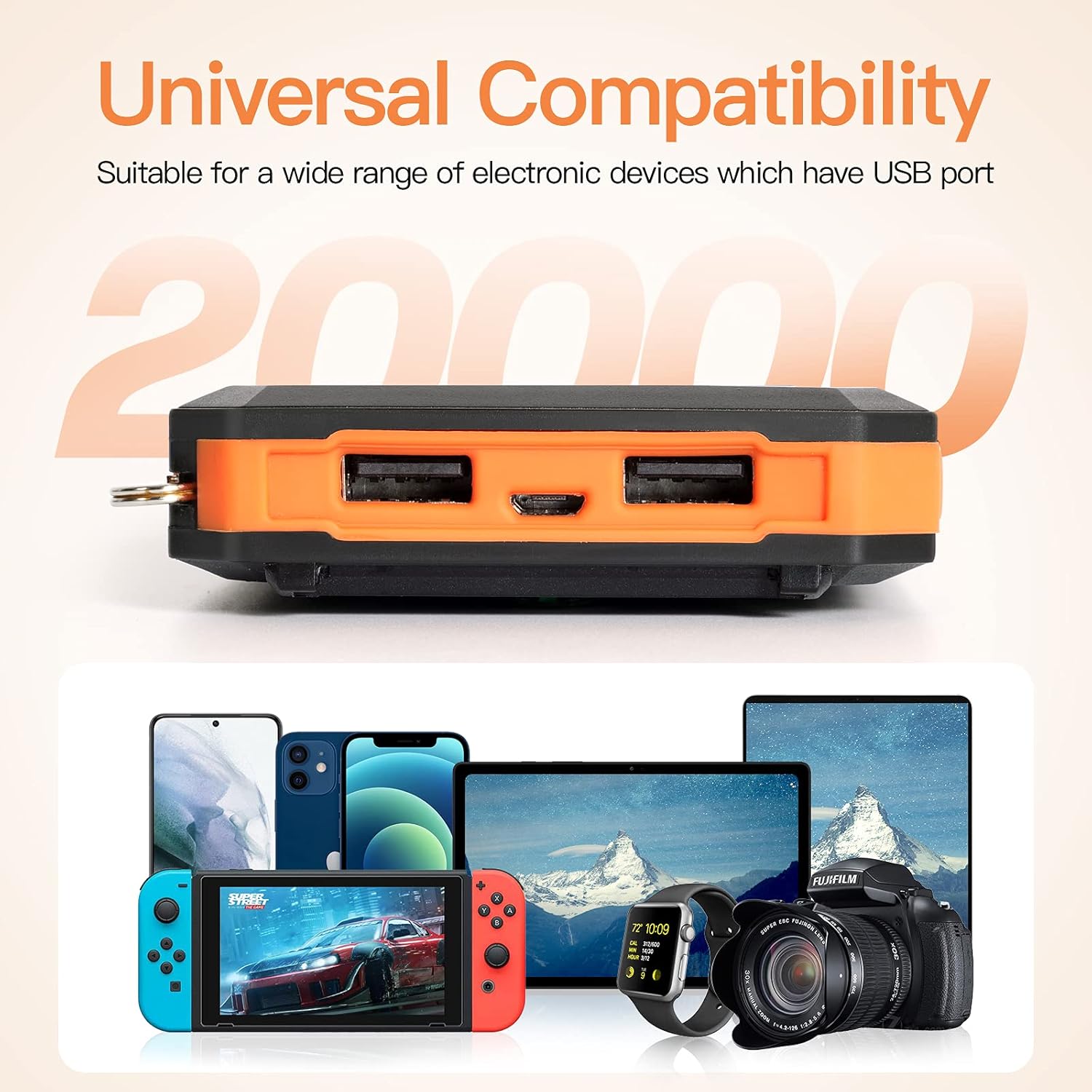 Cargador de batería portátil, cargador solar de 20000 mAh con USB C de 5 V2.1 A, carga rápida compatible con iPhone, iPad, linterna brillante LED