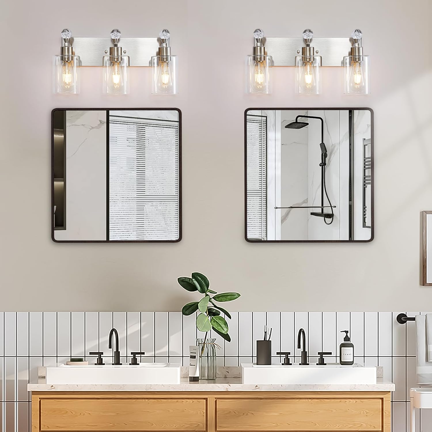 Lámparas de baño de 3 luces, lámpara de tocador de baño de níquel cepillado, accesorios de iluminación de tocador con pantalla de vidrio resistente,