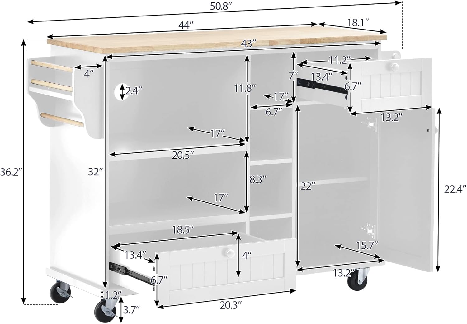 Olela Carrito de isla de cocina con almacenamiento, mesa de cocina móvil rodante para microondas con ruedas con estantes abiertos, cajones y