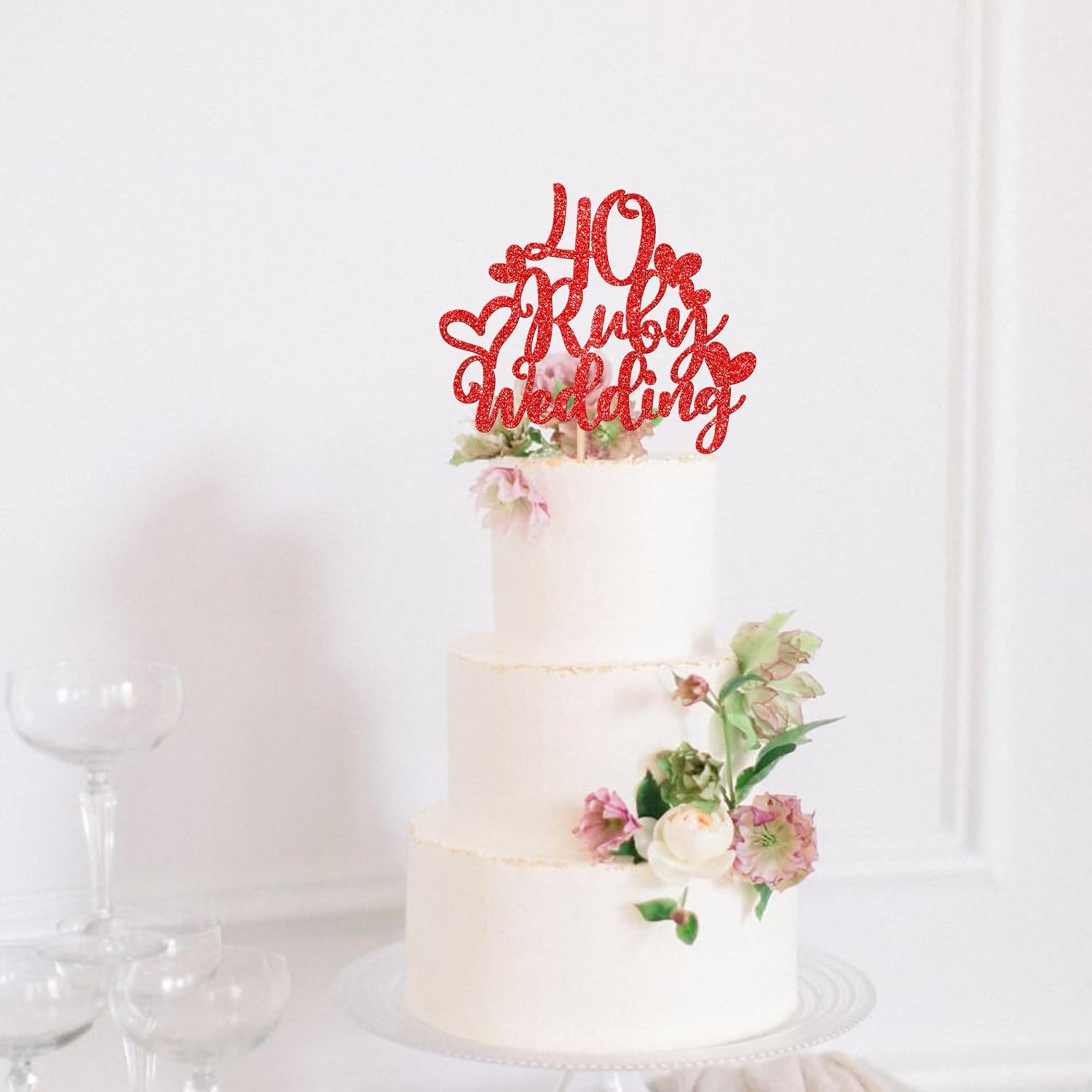 1 pieza de decoración de pastel de boda de 40 rubíes con corazón rojo con purpurina roja para 40 aniversario de boda, decoración de pastel de
