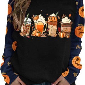 Sudadera de otoño de Acción de Gracias para mujer, moderna con bloques de color, manga larga, raglán, linda sudadera con estampado de calabaza y Sudadera de otoño de Acción de Gracias para mujer, moderna con bloques de color, manga larga, raglán, linda sudadera con estampado de calabaza y