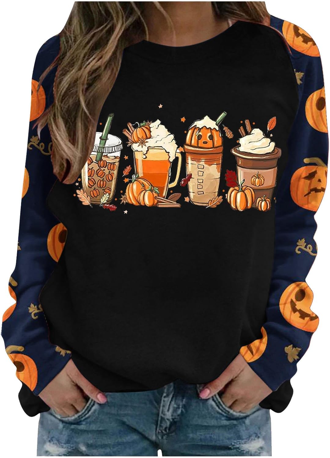 Sudadera de otoño de Acción de Gracias para mujer, moderna con bloques de color, manga larga, raglán, linda sudadera con estampado de calabaza y