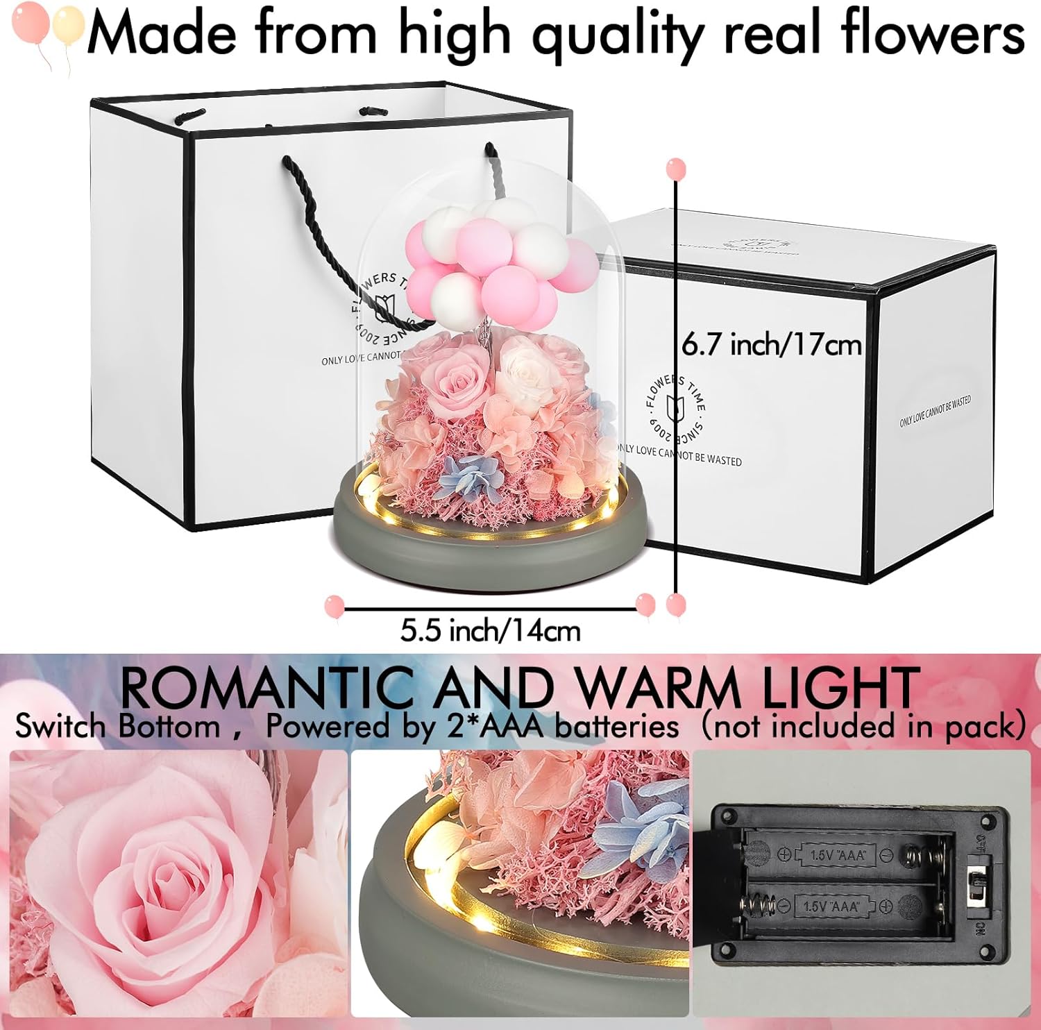 Rosa 100% real en cúpula de cristal, flores preservadas con luz LED, flor eterna con decoración de globos de arcilla, para cumpleaños, aniversario,