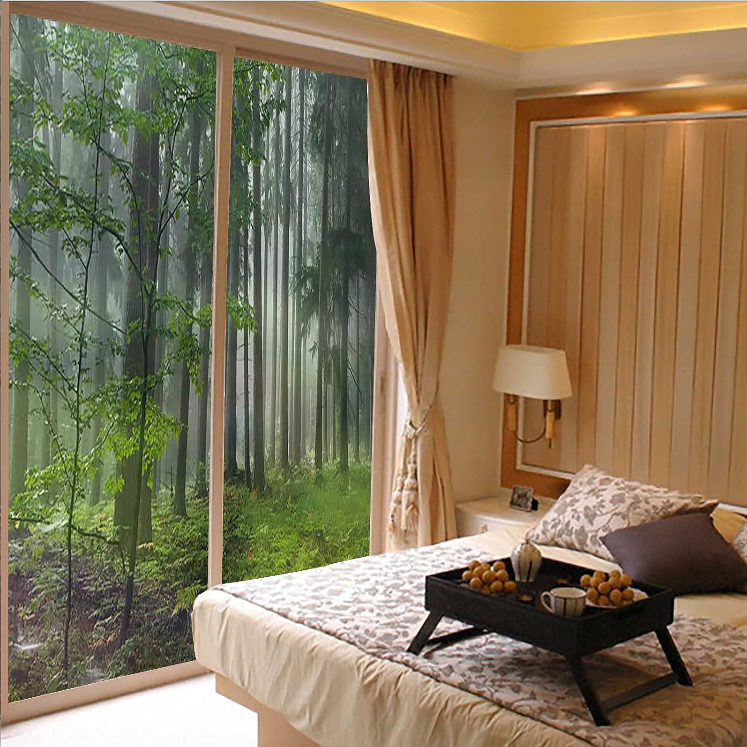 Juego de 2 películas esmeriladas para ventana, diseño de bosque brumoso, plantas de selva brumosa, árboles de bambú, película esmerilada para