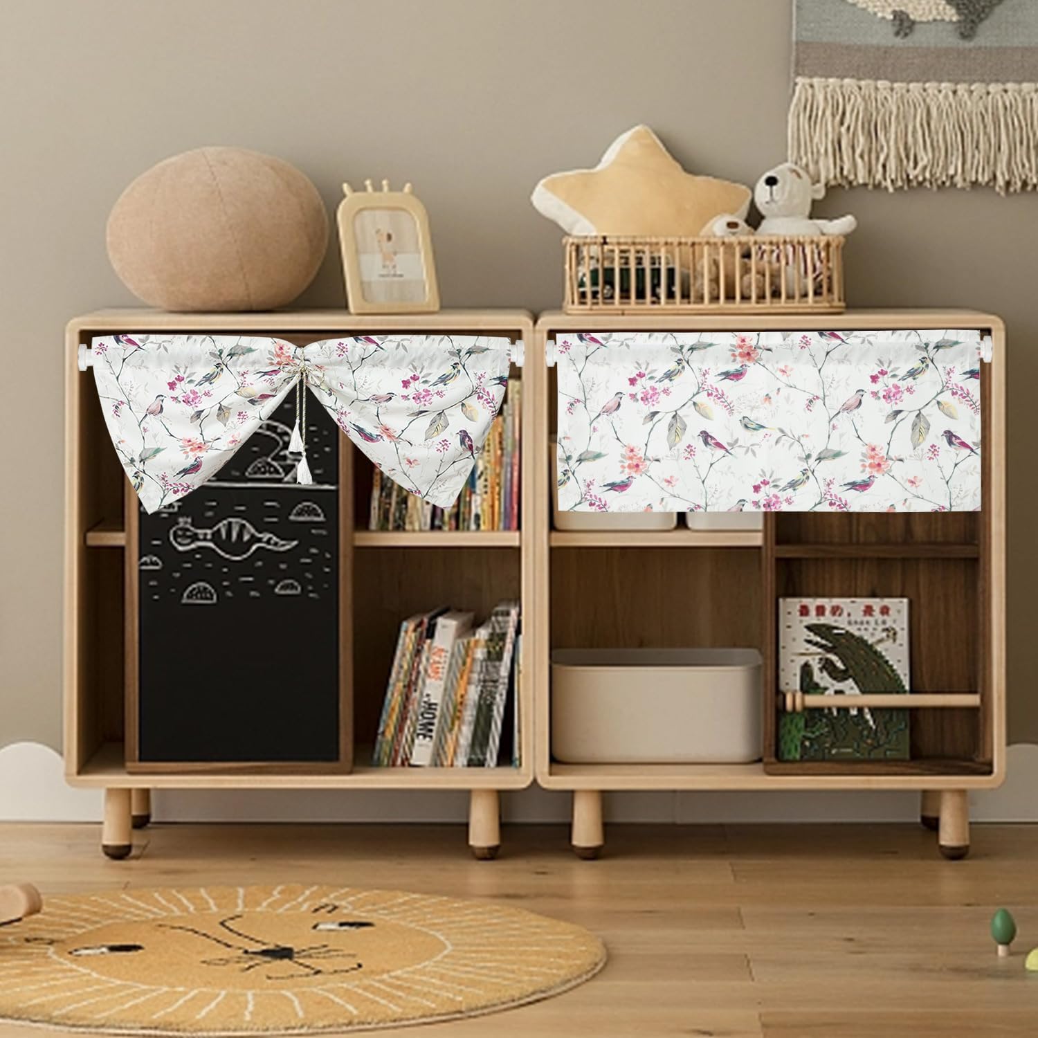 VOGOL Cenefas de cocina de estilo rústico para ventanas, bonito patrón de pájaros con bolsillo para barra, cortinas cortas para sala de estar, 1