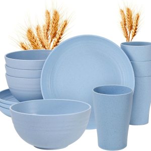 Juego de vajilla de paja de trigo para niños, platos y cuencos de paja de trigo para 4 personas aptas para microondas (azul) Juego de vajilla de paja de trigo para niños, platos y cuencos de paja de trigo para 4 personas aptas para microondas (azul)
