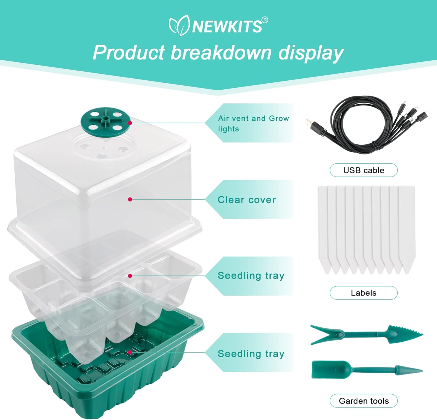 Bandeja de inicio de semillas con luz de crecimiento, kit de inicio de semillas, bandejas de inicio de germinación de plantas con cúpula de humedad