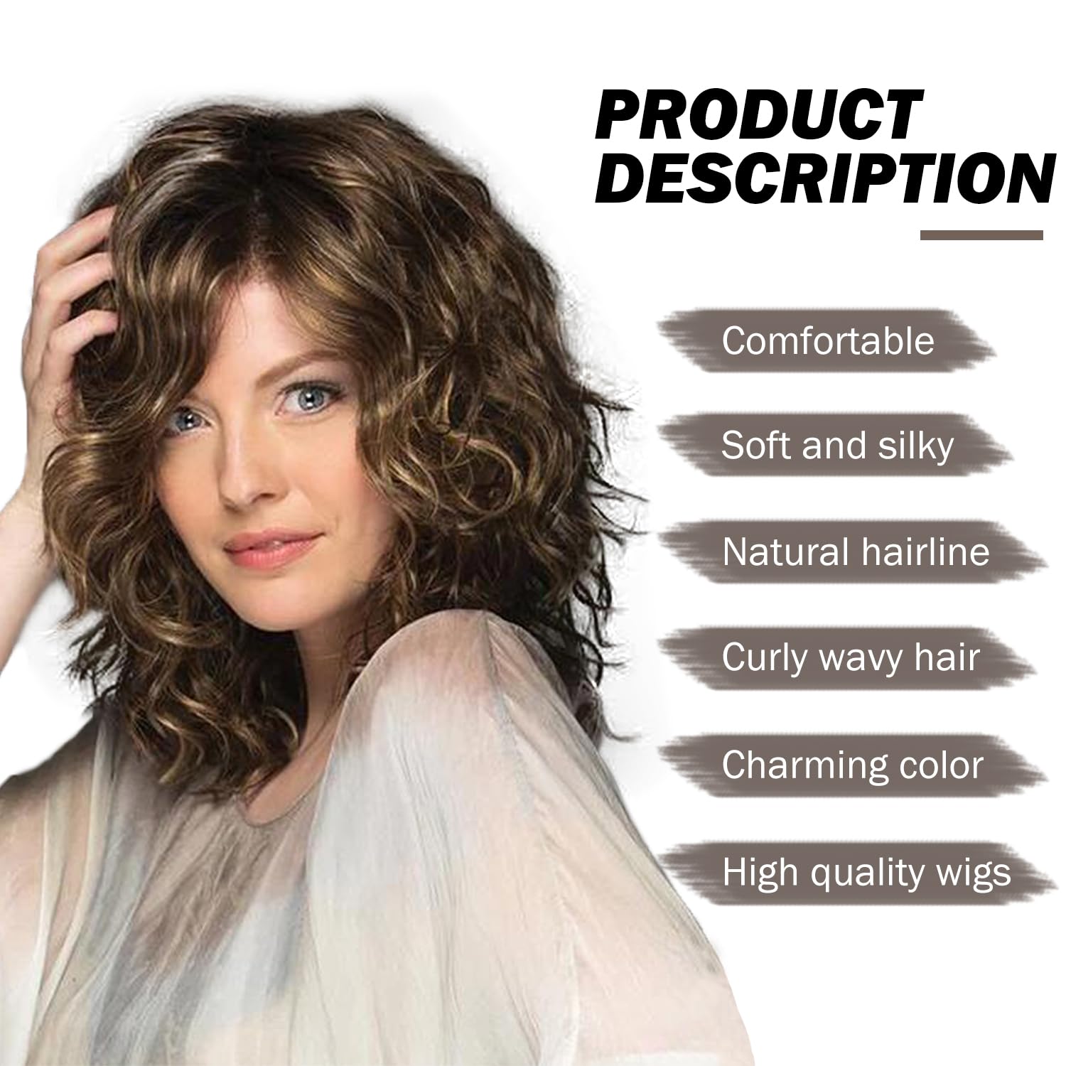 SEVENCOLORS Pelucas rizadas de longitud media con reflejos, pelucas cortas de color castaño mezclado con rubio, pelucas de cabello sintético