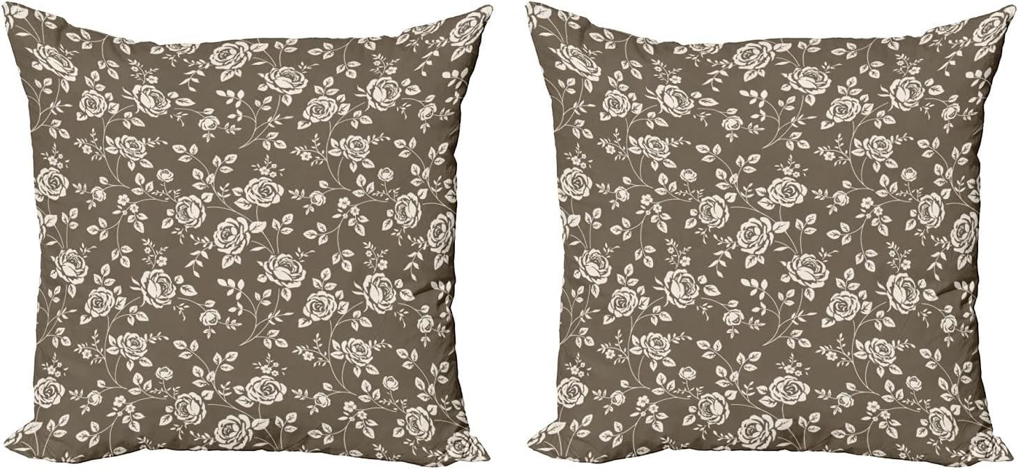 Lunarable Juego de 2 fundas de cojín con diseño de ramas de rosas, diseño antiguo, diseño antiguo con cremallera, decoración de impresión digital de