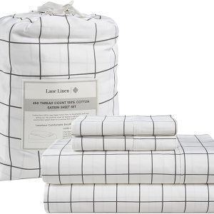 LANE LINEN – Juego de sábanas tamaño King, 450 hilos, 100% algodón, de satén, suaves, refrescantes, con bolsillo profundo, 4 piezas, diseño de LANE LINEN – Juego de sábanas tamaño King, 450 hilos, 100% algodón, de satén, suaves, refrescantes, con bolsillo profundo, 4 piezas, diseño de