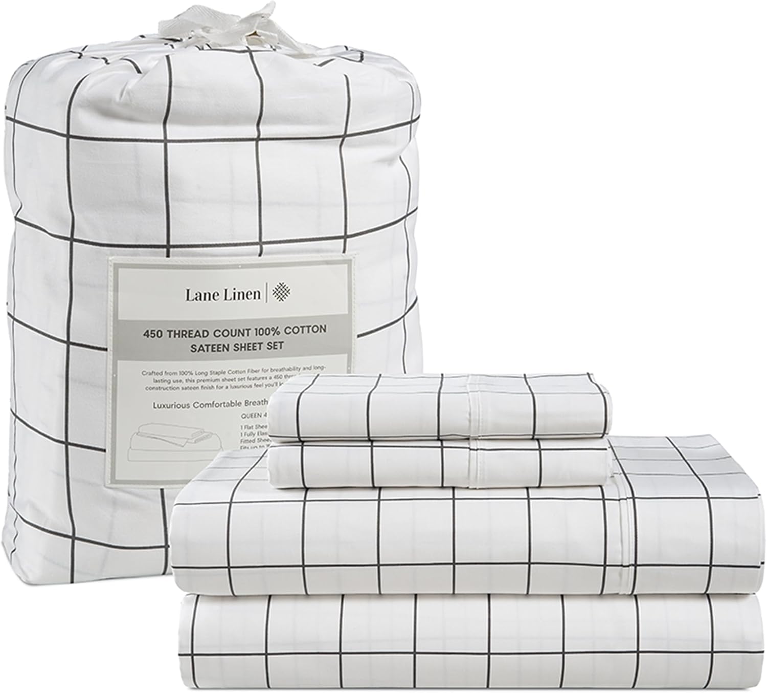 LANE LINEN – Juego de sábanas tamaño King, 450 hilos, 100% algodón, de satén, suaves, refrescantes, con bolsillo profundo, 4 piezas, diseño de
