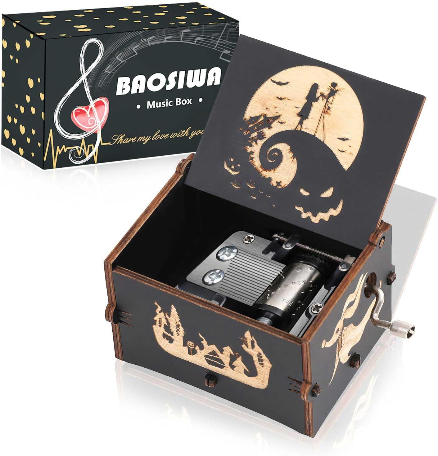 BAOSIWA Caja de música de Halloween, caja de música de madera grabada, regalos para novia, novio, ella, cumpleaños, día de San Valentín