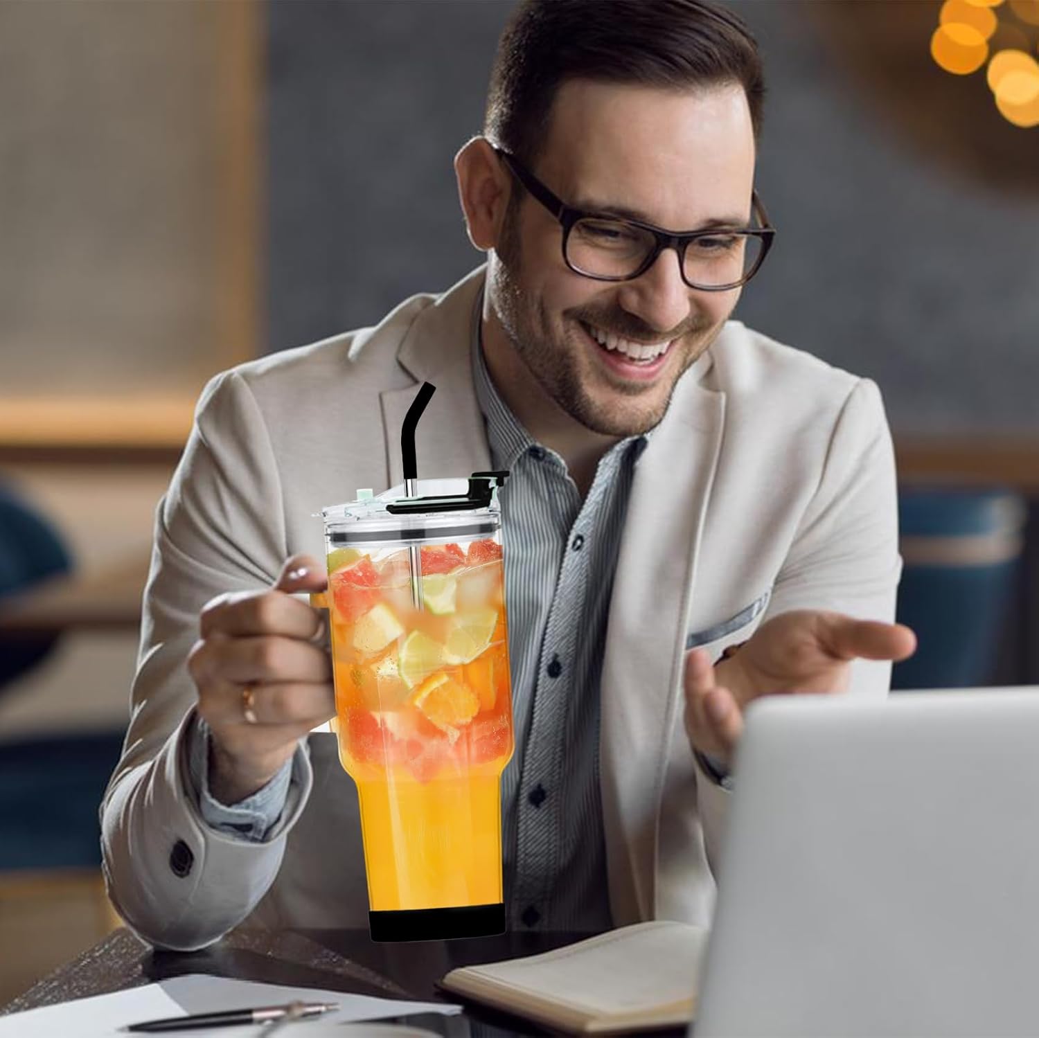 Vaso de vidrio con tapa y popotes, taza de vidrio de gran capacidad de 40 onzas con asa, vasos para beber con posavasos de silicona, taza de agua de