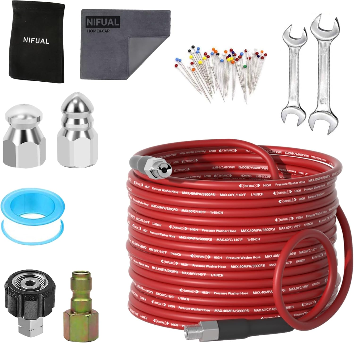 Kit de limpieza para lavadora a presión, kit de chorro de alcantarillado para esquina NPT de 14 de pulgada, manguera limpiadora de drenaje de