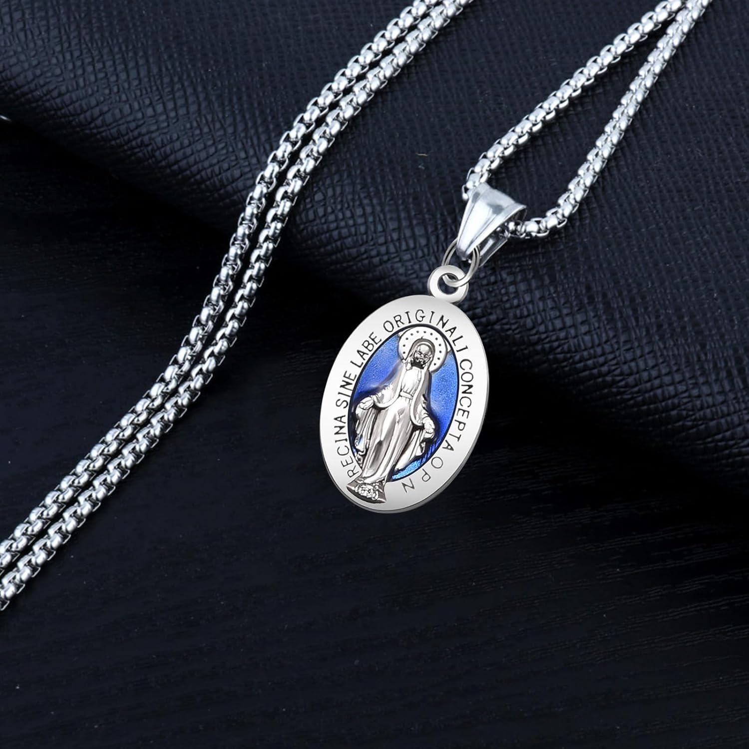 50 piezas de aleación de esmalte azul milagroso medalla ovalada Nuestra Señora Colgantes Virgen María para mujeres y hombres DIY católico collar