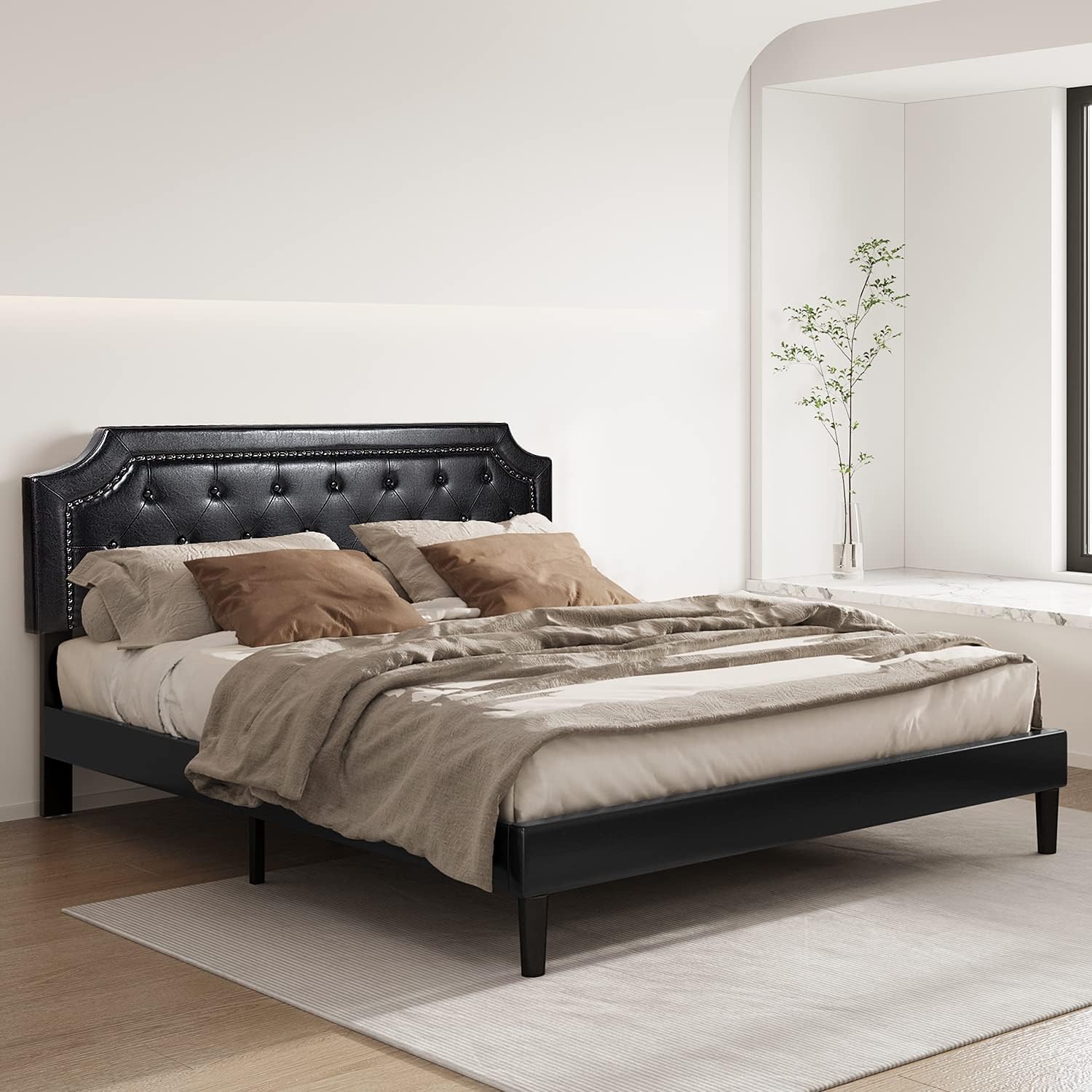 BONSOIR Base de cama tapizada de perfil bajo con cabecera de piel sintética copetuda, no necesita somier, no necesita falda de cama (negro, tamaño