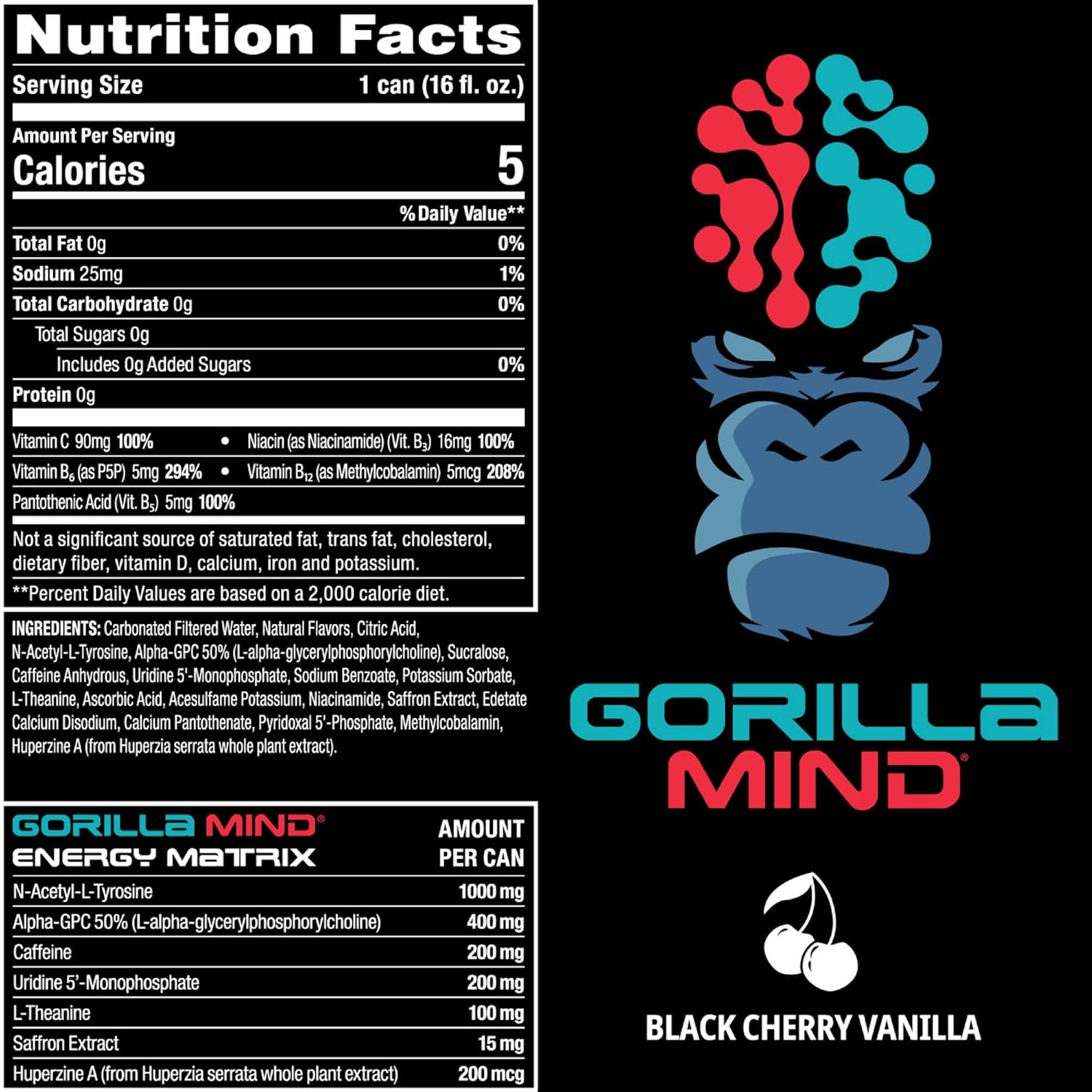 Gorilla Mind Bebida energética  Energía inigualable  Enfoque amplificado  N-acetil-L-tirosina, alfa-GPC, 200 mg de cafeína, uridina, azafrán  0