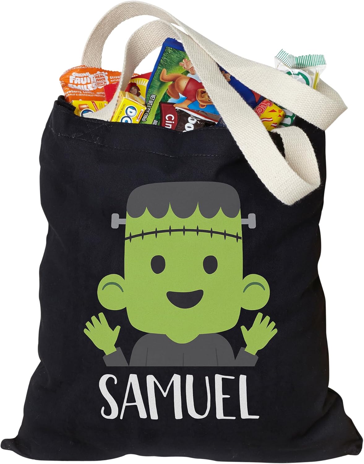 Personalization Universe Trick or Treat Frankie – Bolsa de mano para dulces de Halloween, 100% algodón, lavable a máquina, bolsa personalizada de