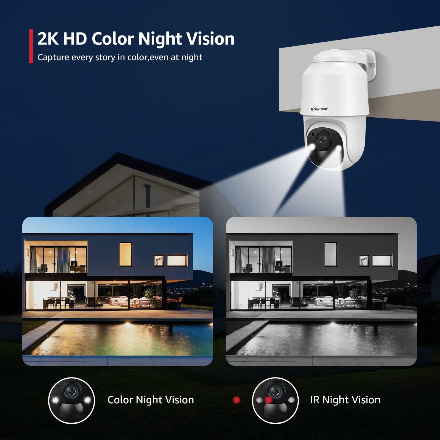 BOAVISION Cámara de seguridad alimentada por batería para exteriores, inclinación panorámica, visión de 355, IP66, impermeable, recargable,