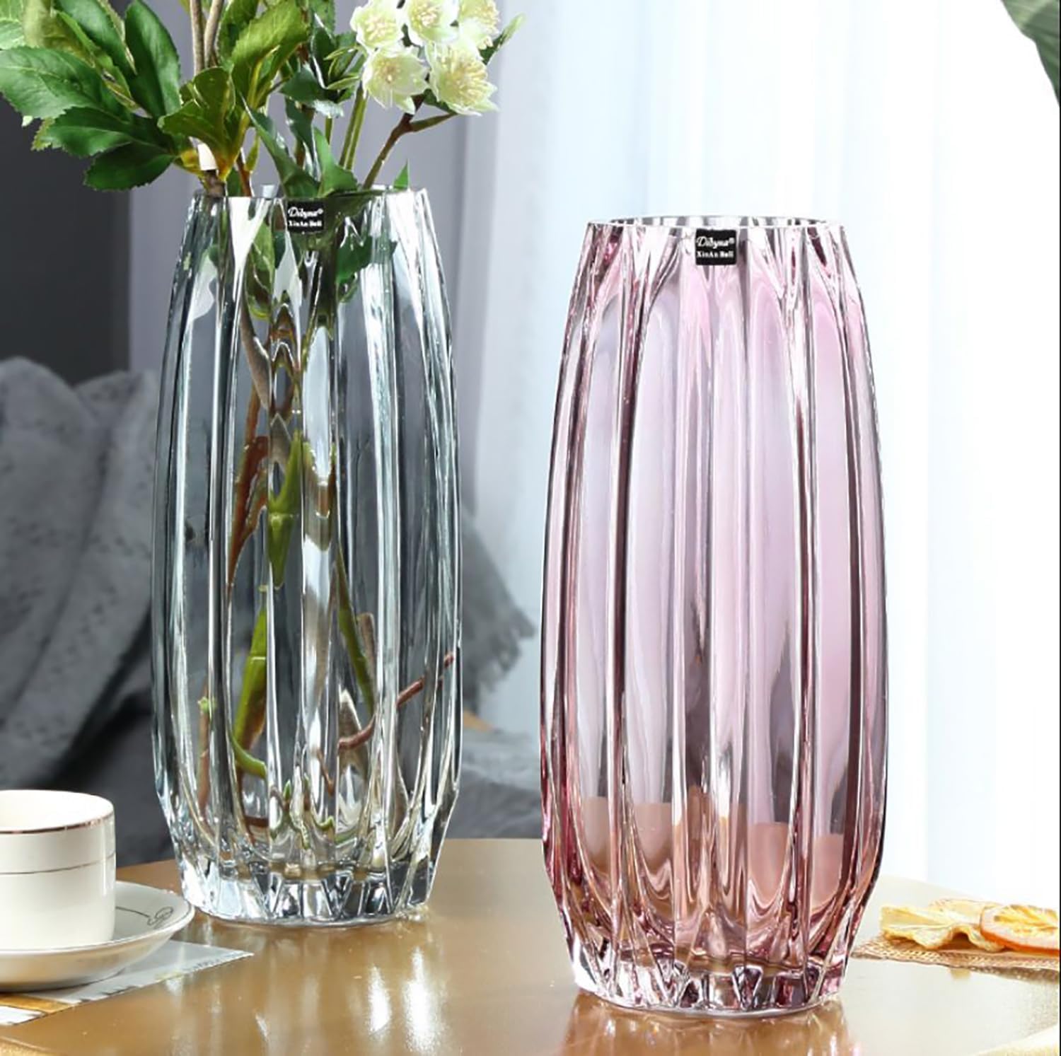 Jarrón de cristal morado y rosa moderno para flores, velas y detalles decorativos, florero de vidrio altocorto para centros de mesa, decoración de
