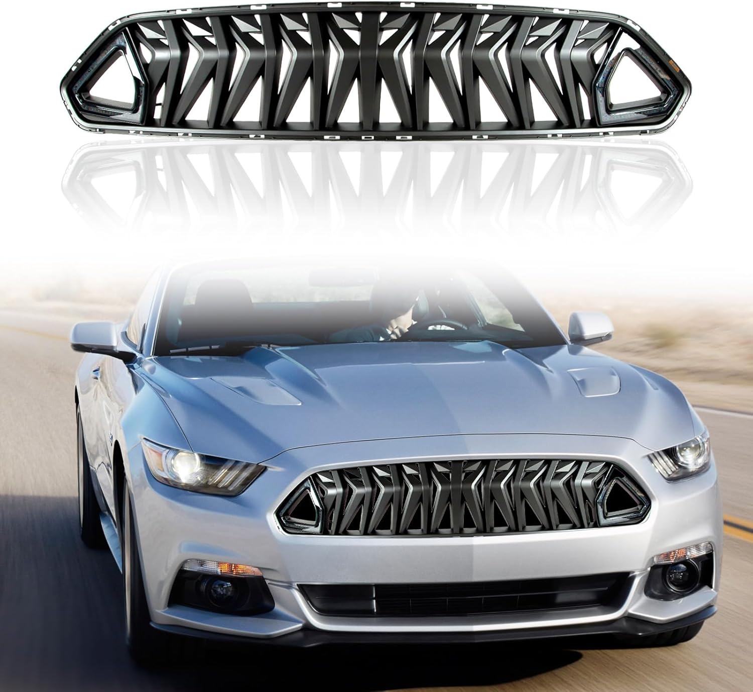 AILIECHO Parrilla frontal horizontal, parrilla de parachoques con capucha de tiburón negro mate para Ford Mustang 2018-2021 con LED y cableado, luz