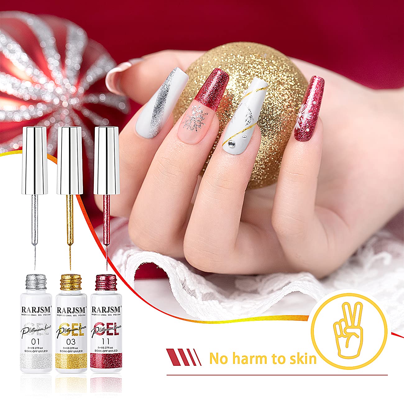 RARJSM Juego de esmaltes de uñas de gel de pintura metálica, negro, plateado, dorado, verde, rosa, negro, brillantina, efecto platino, esmalte de