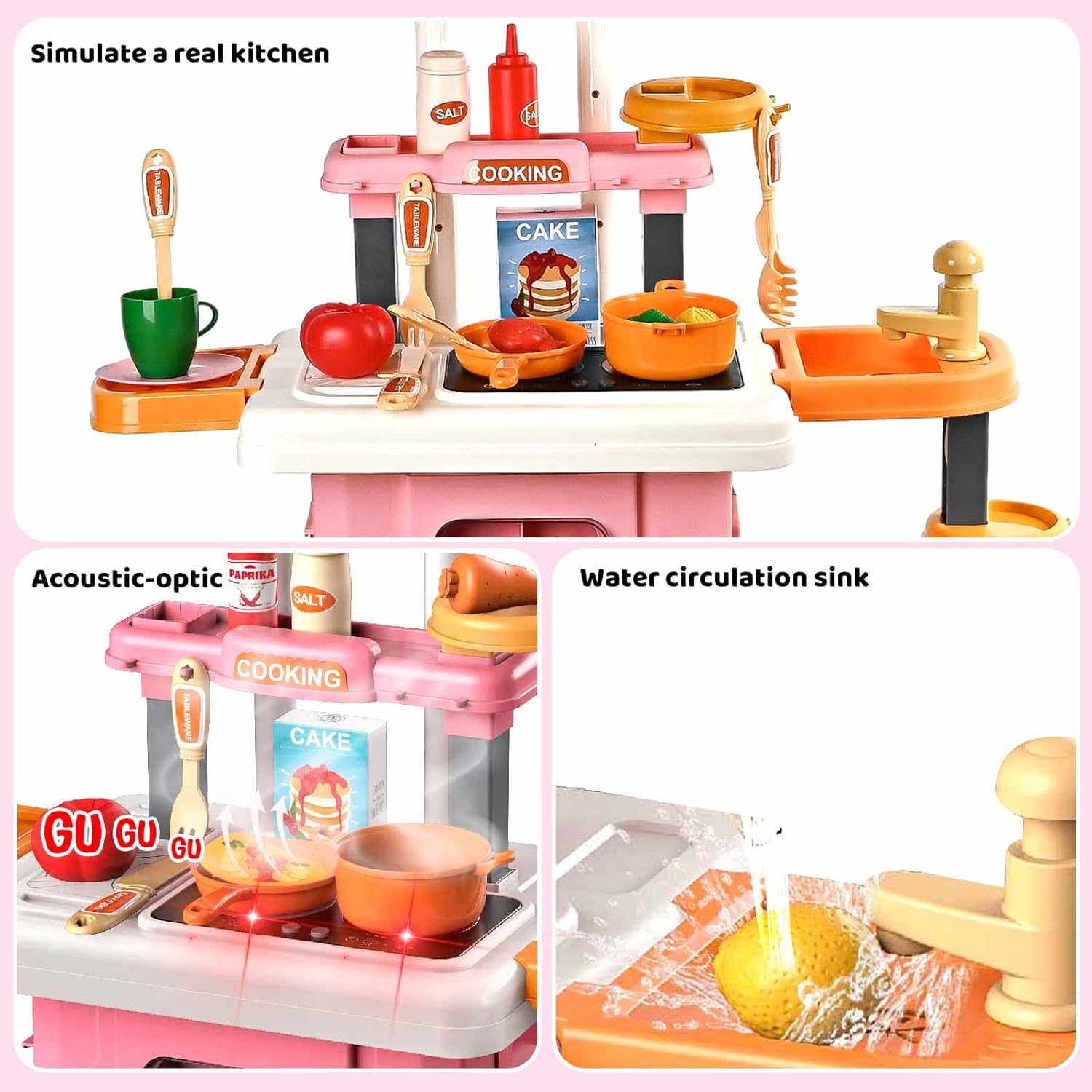 Juego de cocina para niños pequeños de 3 a 10 años, accesorios de juguete de cocina para niños y niñas con luces y sonidos realistas, fregadero de