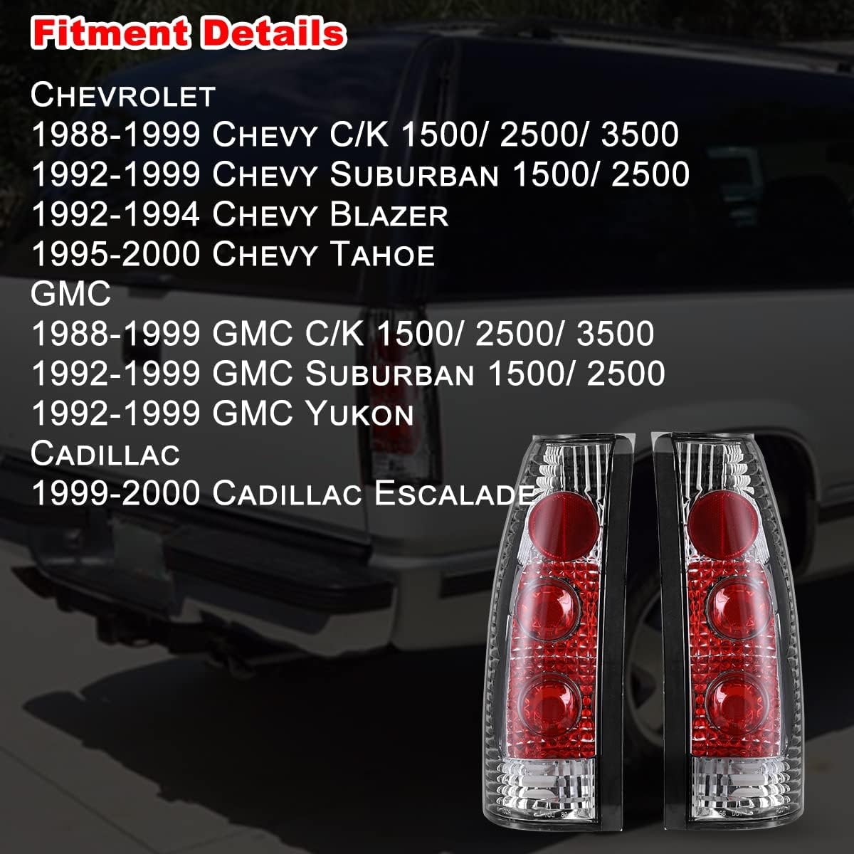 Luces traseras para Chevy CK 150025003500 1988-1999, Chevy Suburban 15002500 1992-1999, Chevy Blazer 1992-1994, Chevy Tahoe 1995-2000, GMC 1988-1999