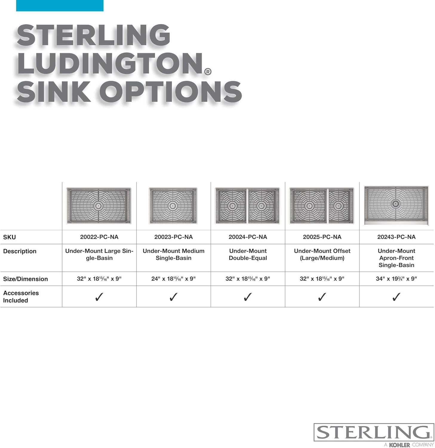 Kohler K-20243-PC-NA Sterling Ludington – Fregadero de cocina de 34 pulgadas con montaje inferior con accesorios, lavabo frontal de delantal, acero