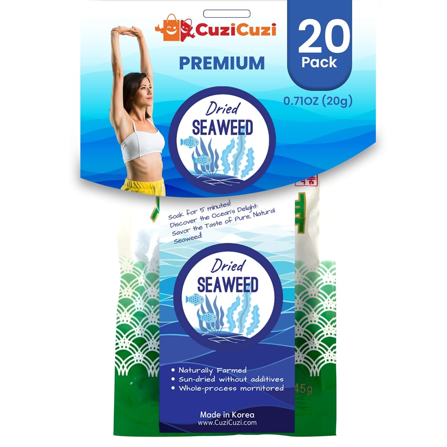 CuziCuzi Paquete de 20 paquetes individuales de algas secas prémium de 0.71 onzas (0.71 oz), ideales para ensaladas, sopas y aperitivos, de origen
