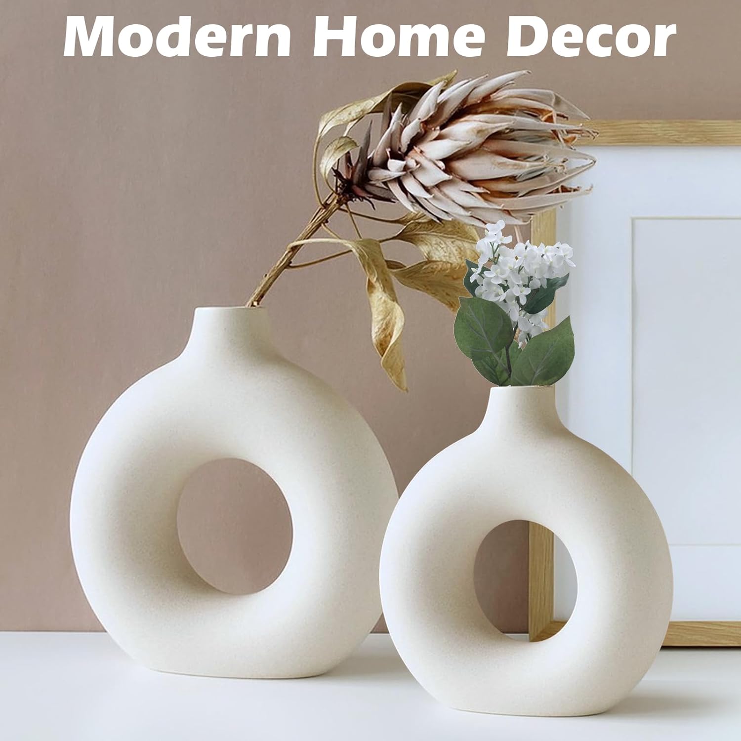 Juego de 2 jarrones de cerámica blanca para decoración del hogar, jarrón hueco redondo mate para hierba de las pampas, estilo minimalista nórdico
