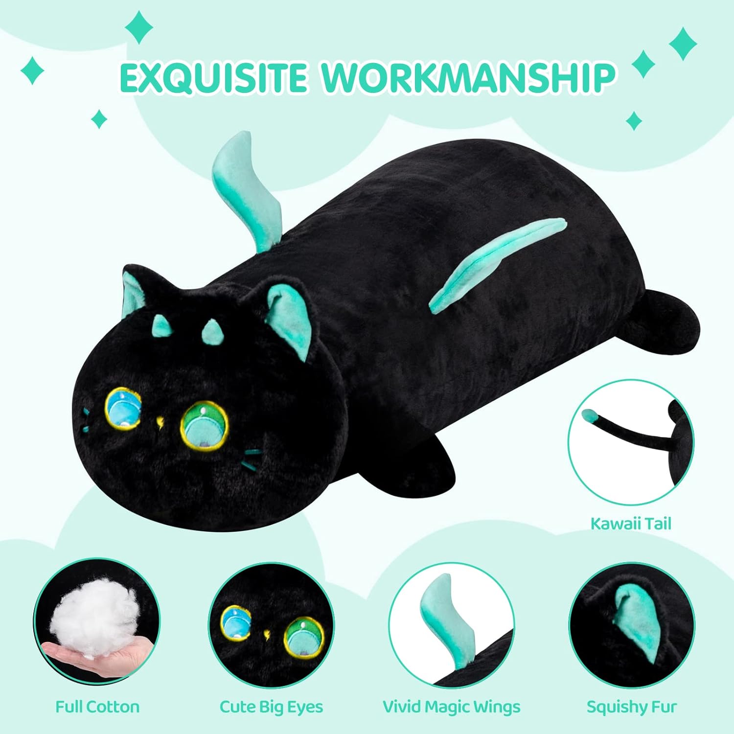 2 almohadas de felpa, almohada de felpa de gato negro de ojo grande de 35 pulgadas + almohada de felpa de 8 pulgadas con forma de hongo y gato negro