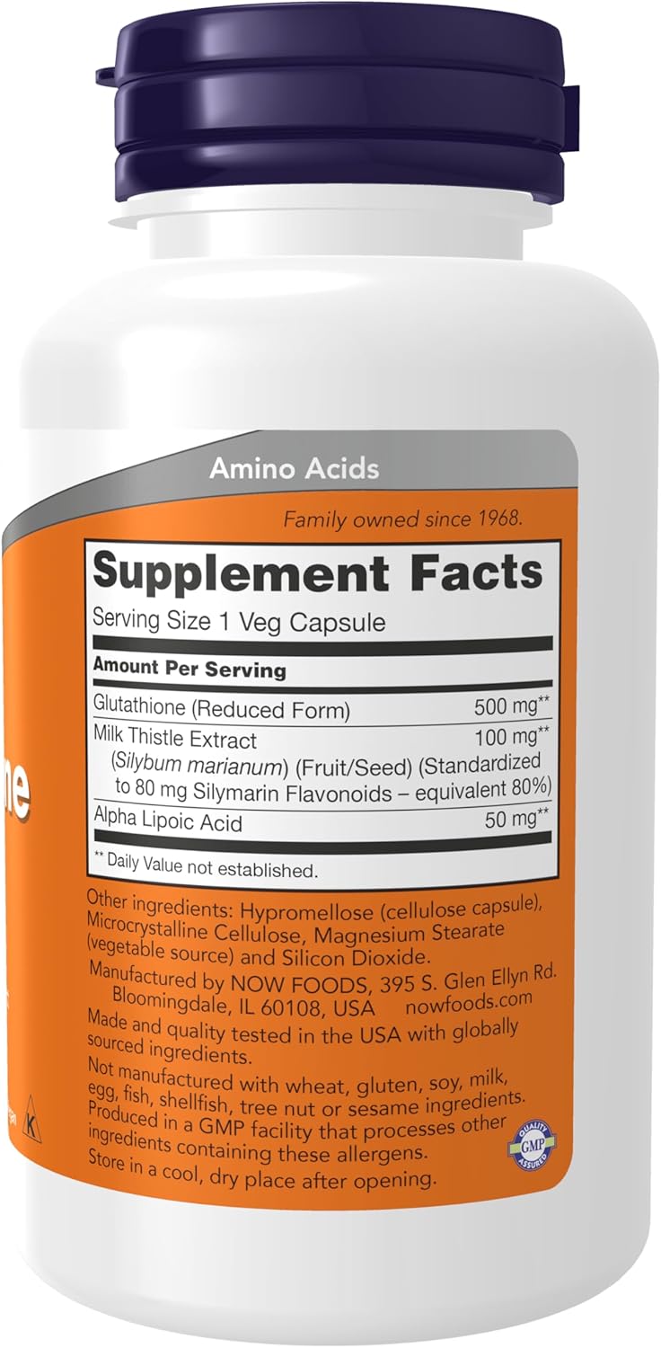 NOW Suplementos, glutatión 500 mg, con extracto de cardo mariano y ácido alfa lipoico, neutralizador de radicales libres*, 60 cápsulas y suplementos