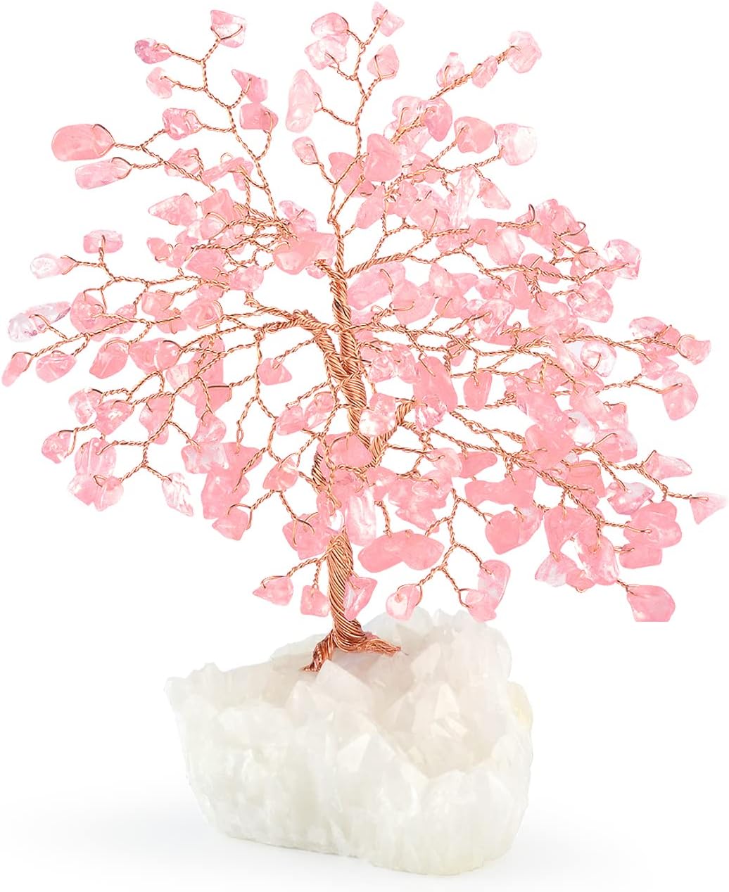 MASGEMES Gemstone Crystal Tree of Life,Natural Rose Quartz Clear Quartz Cluster Base,Healing Crystal Positive Energy Bonsai Feng Shui Money Tree