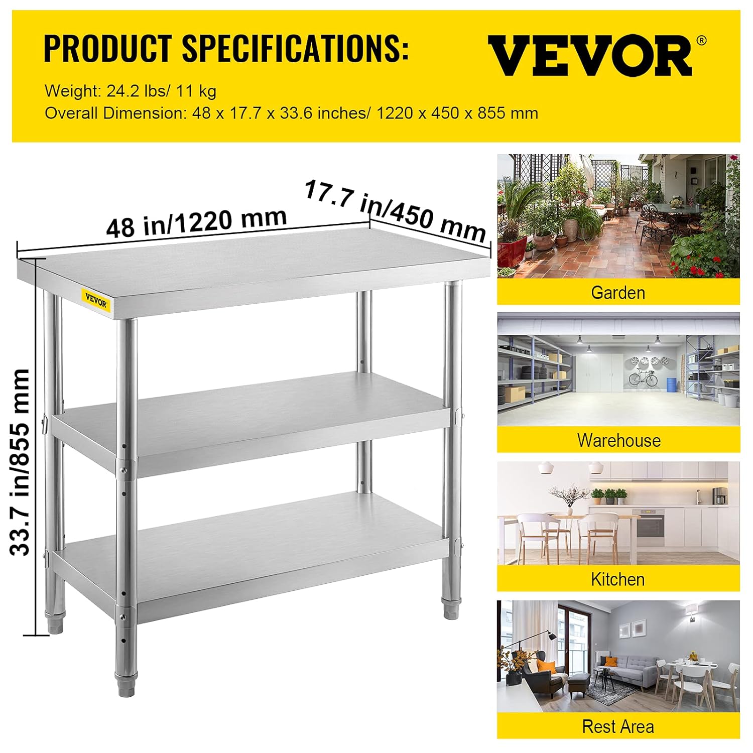 VEVOR Mesa de preparación de acero inoxidable, 48 x 18 x 33 pulgadas, mesa comercial de acero inoxidable, 2 mesas ajustables para preparación de