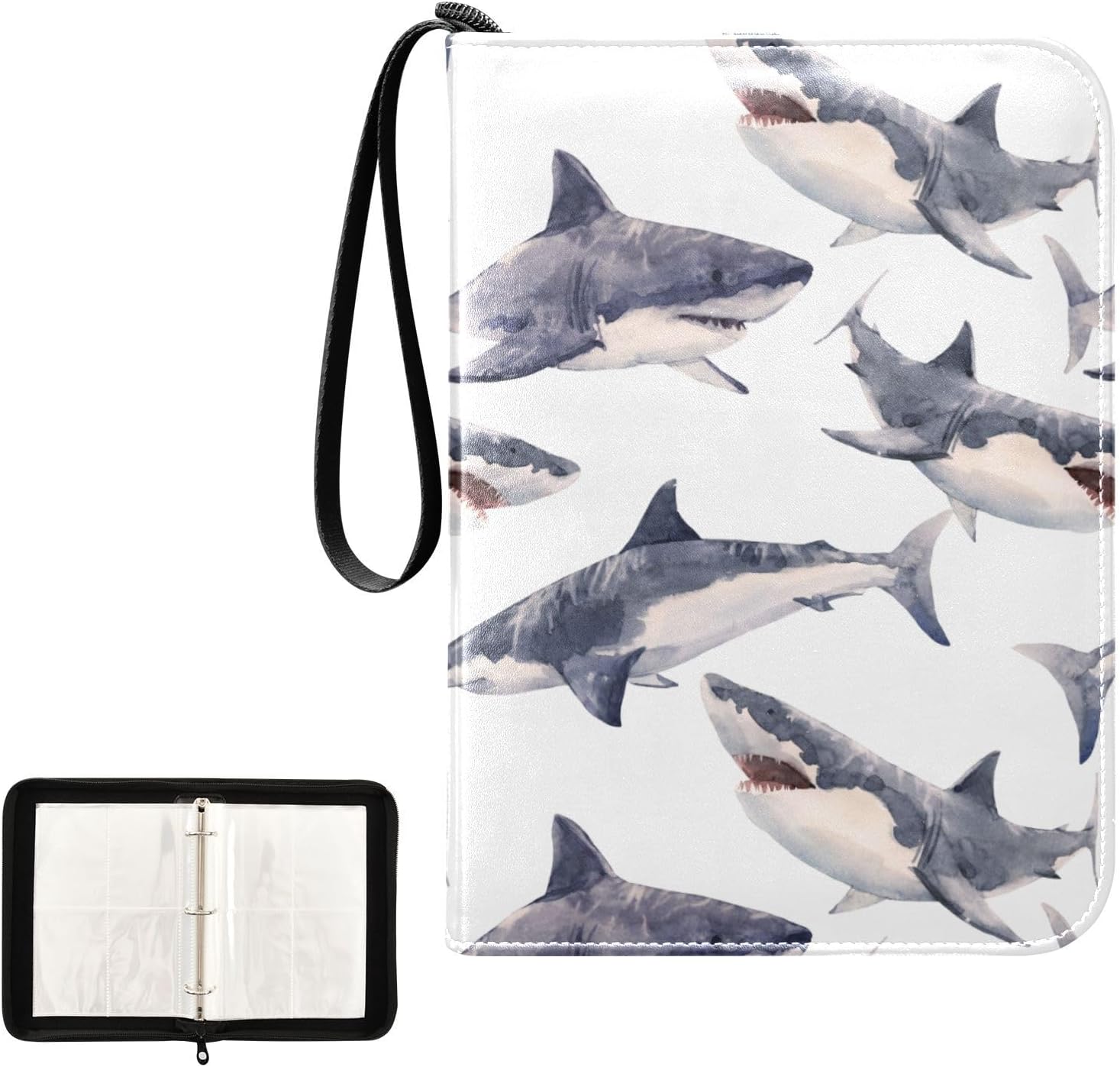 Watercolor Shark Trading Card Binder 4-Pocket Card Holder with 50 Removable Sleeves 3-Ring Card Albums Binder Holds Up to 400 Cards Card Organizer