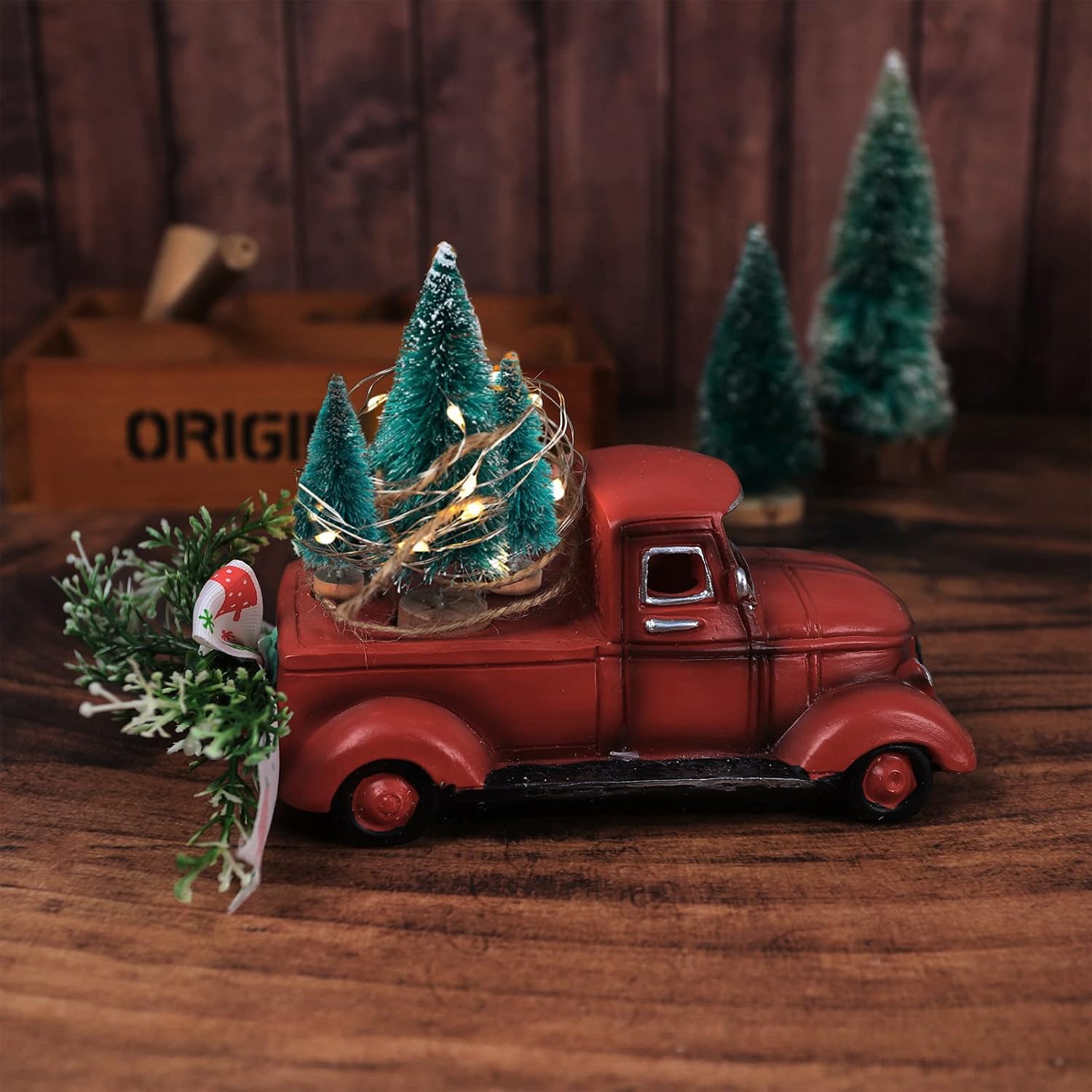 Adorno vintage de Navidad rojo para camioneta brillante de árbol de Navidad, decoración de manualidades rústicas rojas para fiesta en el hogar