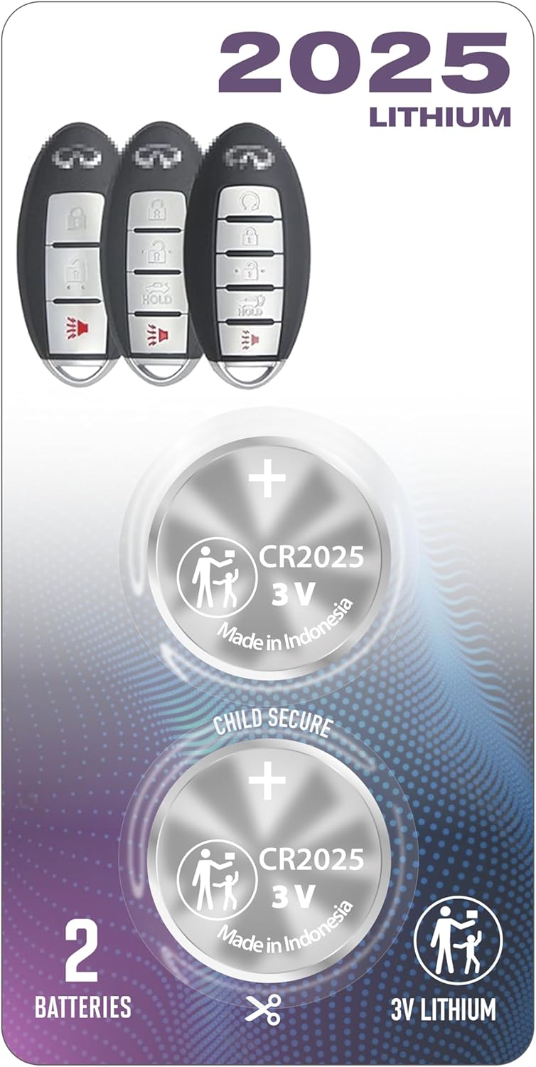 Paquete de 2 baterías de repuesto CR2025 2025 Smart Remote Key Fob Clicker OEM original compatible con carcasa Shell Prox (2005-2013) para Infiniti