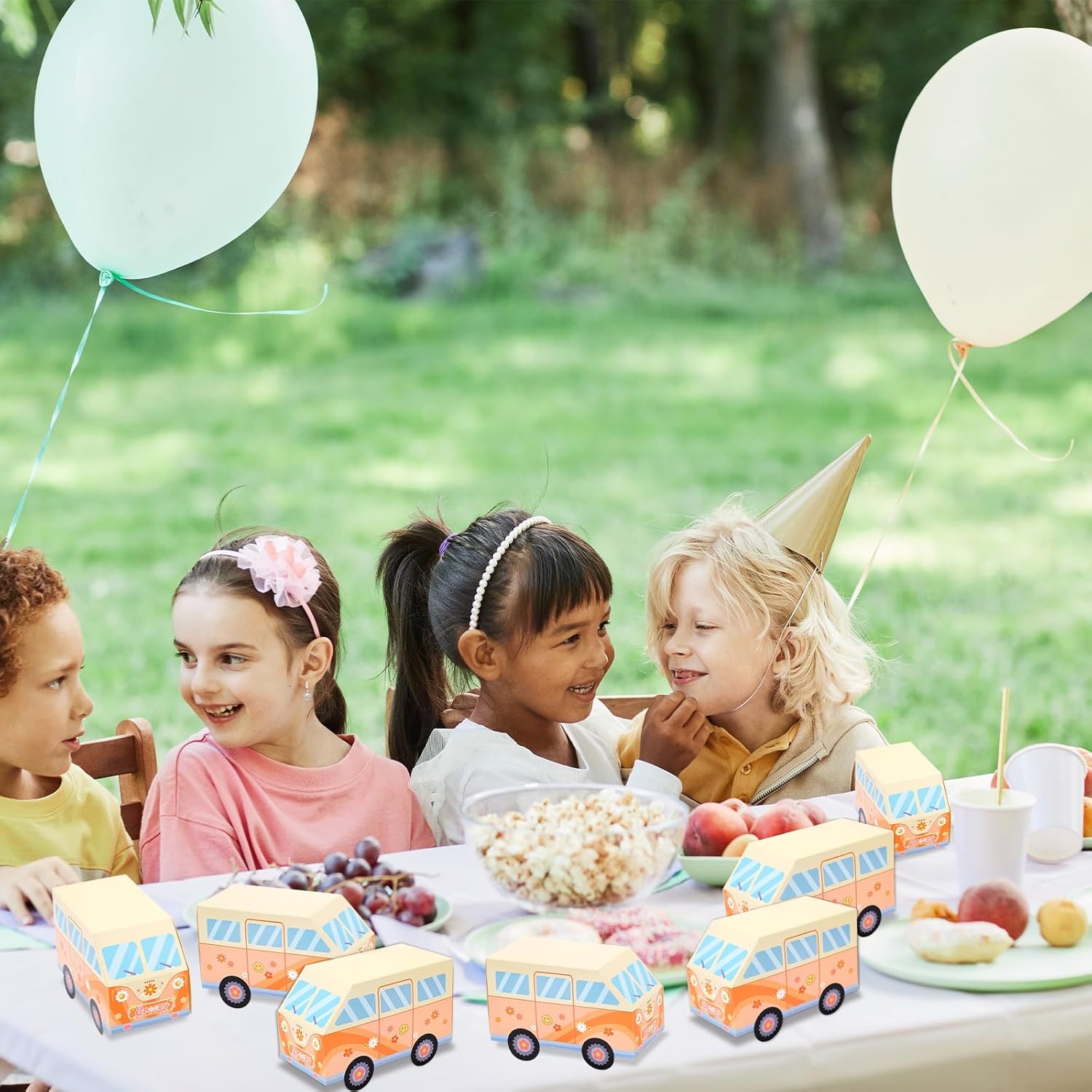 Whaline Paquete de 16 cajas de regalo de fiesta de estilo hippie, bús, cajas de papel de caramelos, decoraciones de fiesta de cumpleaños para fiesta